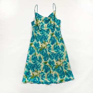 90s Blue Floral Silk Spaghetti Strap Tank Dress / Cowl Neck / Size 10 / Roses / Medium / Fluttery / y2k / 00s / Millenium / Watercolor / 