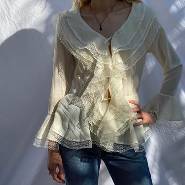 White Cotton Lace Shirt / Gauzy Cotton Blouse / 1970's Cream Top / Bell Lace Sleeves Blouse 