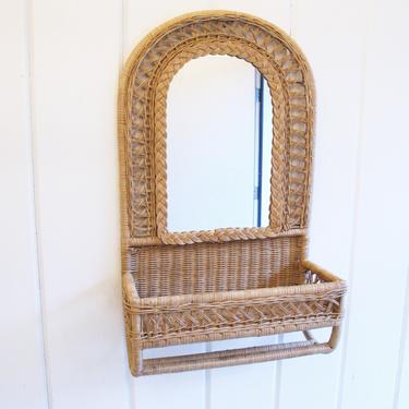 Vintage Curved Wicker Hanging Mirror with Woven Basket and Hanging Rack 