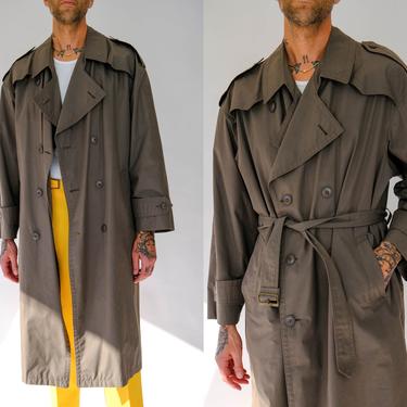 Vintage 70s 80s Christian Dior Monsieur Army Green Double Breasted Belted Trench Coat | Dior Logo Buckle | 1970s 1980s Dior Designer Jacket 