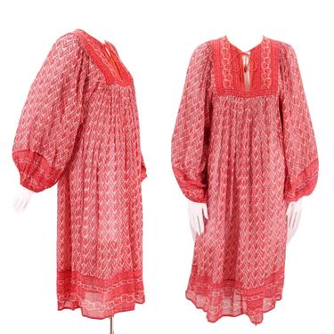 70s JUDITH ANN Rita Kumar red tissue cotton India print peasant dress S / vintage 1970s billowy hippy festival caftan XS 4 