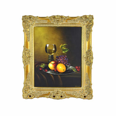 1970s Robert Nisznerni Hungarian Still life Oil Painting w Fruit and Wine Goblet 