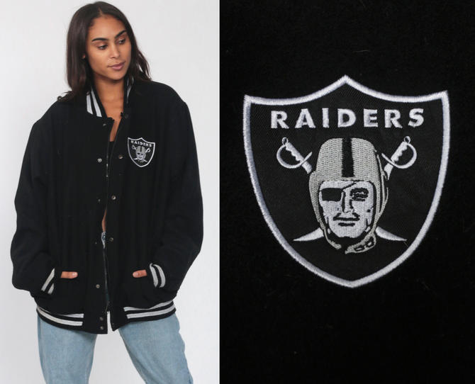 Vintage 1990's Oakland Raiders Leather Letterman Jacket / 