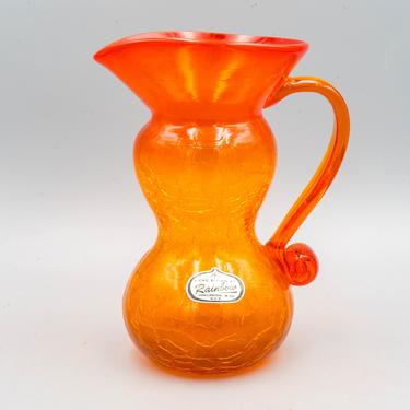 Pilgrim Tangerine Crackle Glass Pitcher with Sticker | Vintage Mid Century Modern Glassware | Amberina Style Vintage Home Decor 
