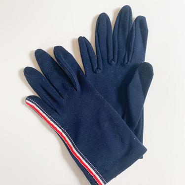 vintage 1950s Navy Nylon Gloves with striped ribbon / 7.5-8.5 