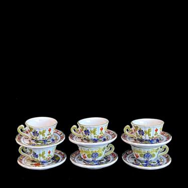Vintage 1960s Set of 6 Italian Pottery Ceramic Hand Painted Demitasse Cups and Saucers Italy Faenza 