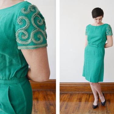 Green 1950s Fitted Dress with Soutache Sleeves - S 