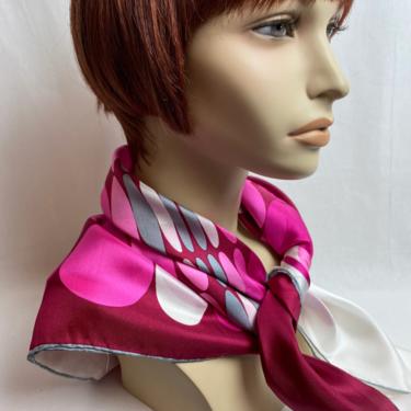 Beautiful Vibrant~ X LG 100% silk scarf~ bold print circles~ geometric shapes~ MCM 50’s-60’s Mod retro~ fuchsia pink & gray 