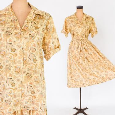 1970s Gold Floral Top &amp; Skirt Set | 70s Gold Silk Paisley Skirt Set | Gloria Sachs | Medium 