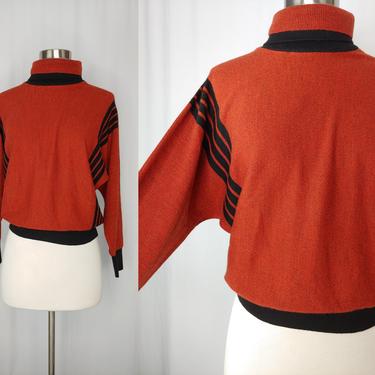 Vintage 80s Rodier Paris Wool Bend Sweater -Eighties XS - Small Red Black Striped Dolman Sleeve Turtleneck Sweater 