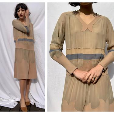 1920's Sheer Chiffon and Wool Dress / Twenties Dress / Jazz Age Lawn Party Dress / 1920's Day Dress / Laser Cut Felted Wool Appliqués 