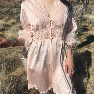 Vintage 80s 90s Romantic Mexican Lace Nylon Pastel Pink Peach Nude Lingerie Top Nightgown Teddy Babydoll Sleep Dress with Center Slit Lolita by InAFeverDream