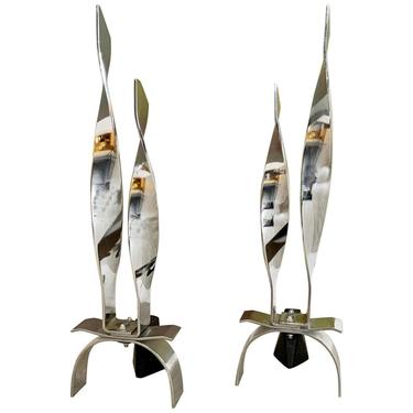 Mid Century Modern Modernist Pair of Chrome Polished Steel Andirons 1980s Japan 