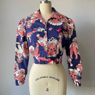 1970s Cropped Jacket Cotton Gingham Raggedy Ann XS 