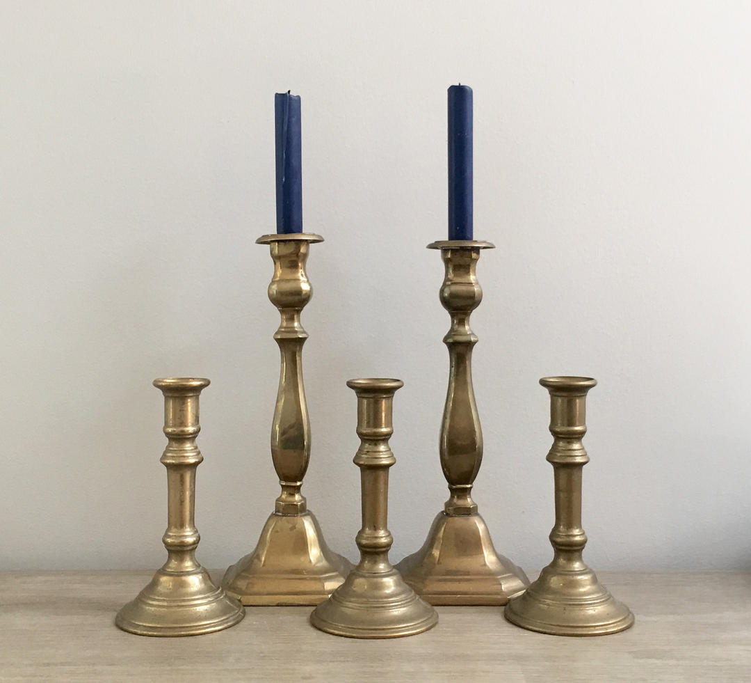 Set 5 Brass Candlesticks Satin Matte Gold Finish Pillar Candle Holders