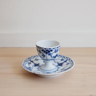 Royal Copenhagen Blue Fluted Half Lace Egg Cup with Attached Plate Made in Denmark, 543 