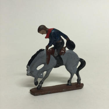 Vintage Cowboy Riding Horse Lead Toy, Cast Metal Western Figurine 