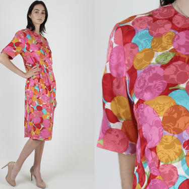 80s Bright Polka Dot Dress / 1980s Floral Silk Cocktail Dress / Vintage Bright Color Wiggle Dress / Womens Large Day Party Wiggle Mini Dress 