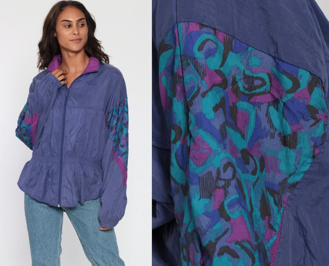 Reebok Windbreaker 90s Windbreaker Purple Geometric Print Hooded Jacket ...