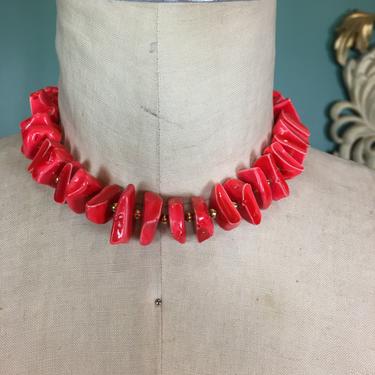 1960s necklace, chunky red necklace, vintage 60s jewelry, coral like beads, trifari jewelry, vintage choker, rockabilly style, mrs maisel 