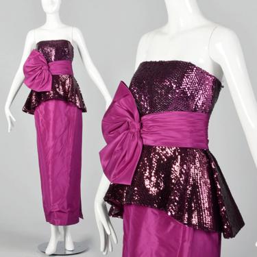 Small 1980s Mignon Strapless Taffeta Dress Sequined Bodice Fuchsia Prom Dress Formal Evening Large Bow 80s Vintage 