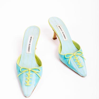 Vintage Manolo Blahnik Y2K Baby Blue Striped Kitten Heel Mules with Lime Green Corset Lace Up sz 37 7 Sex and the City Style 
