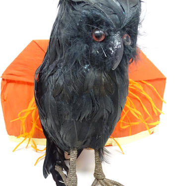 Vintage Halloween 9 1/2 Inch Owl, Glass Eyes and Black Feathers, Party Decor 