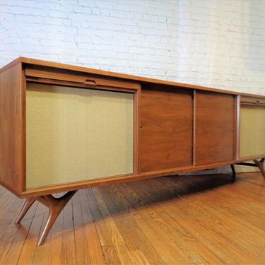 Mid Century Modern Black Walnut Tambour Door Media Cabinet Credenza Speakers ( PureVintageNYC ) 