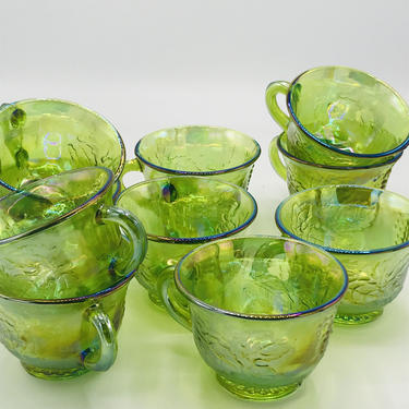 Vintage Set of (10) Vintage 1970s Carnival Glass Punch Cups Grapes &amp; Leaves Pattern Iridescent Green with Peacock Hues 