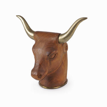 Wooden Bull Sculpture Brass Horns Mid Century Modern 