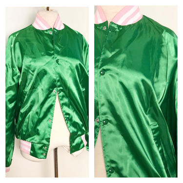 Vintage 1970s 1980s 80s Alpha Kappa Alpha AKA Bomber Jacket Nylon Satin Windbreaker Pink Green Black Sorority HBCU Greek Divine 9 Keepers 