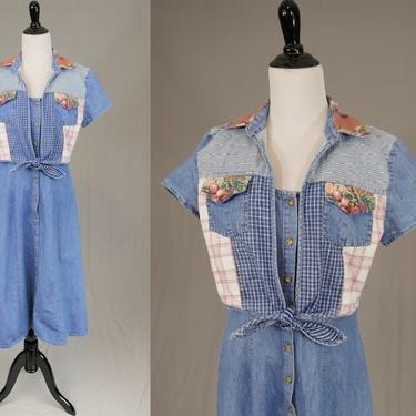 80s 90s Denim Dress - Country Fruits Vegetables - Front Waist Tie - Stripes Plaid Pink Green - Vintage 1980s 1990s - S 