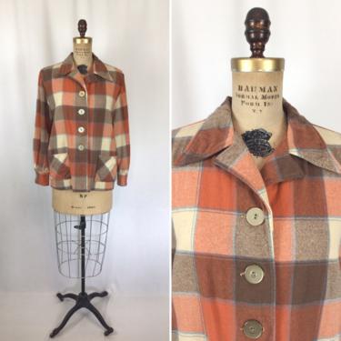 Vintage 50s jacket | Vintage orange plaid forty niner jacket | 1950s wool button front 49er shirt jacket 