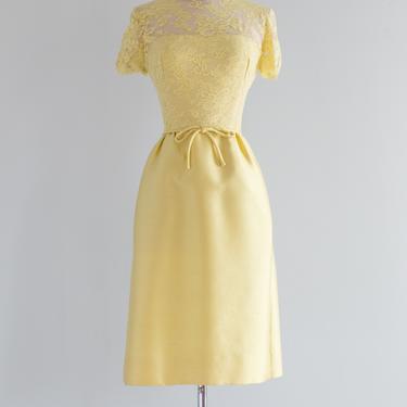 Elegant Early 1960's Lemon Silk Cocktail Dress &amp; Jacket / Waist 28