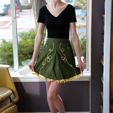 Vintage Handmade Olive Green and Yellow Gold Cowgirl Mini Skirt with Fringe and Pockets 