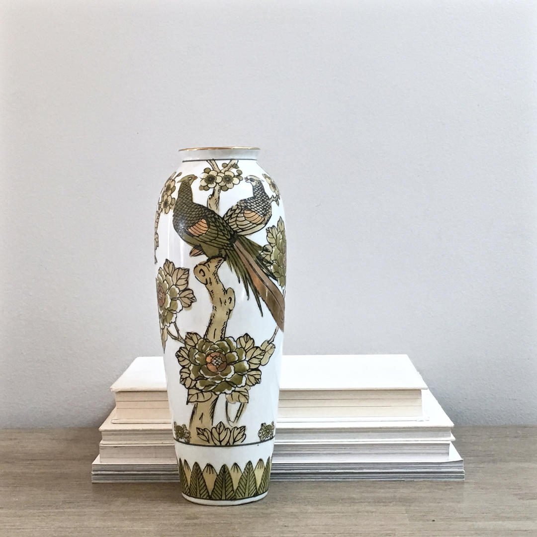 Gold Imari Porcelain Peacock Vase Moss Green Gold Metallic Japanese