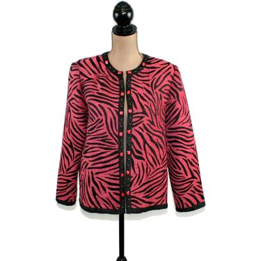 Open Cardigan Jacket Women Large, Hot Pink &amp; Black Tiger Stripe, Boxy Chenille Tapestry, Y2K Vintage Clothing Alfred Dunner Petite Size 12 