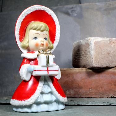 Vintage Ceramic Christmas Girl with Gifts - Textured Ceramic Holiday Bonnet and Coat - Vintage Christmas Figurine | FREE SHIPPING 