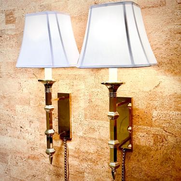 Pair of Vintage Paul Hanson Brass Wall Mounted Lamps / Sconces w/ Chain Cords 