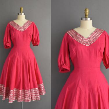 1950s vintage dress | Gorgeous Fuchsia Pink Silver Metallic Puff Sleeve Full Skirt Cotton Dress | Large | 50s dress 