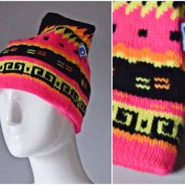 vtg 90s CB Sports neon pink + black geometric pattern knit wool stretch hat winter ski | beanie cap stretch sports 1990s skull cap colorful 