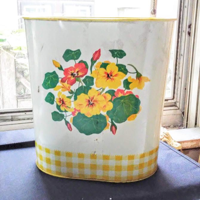 Vintage Toleware Painted Waste Basket Retro Metal Trash Bin