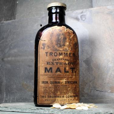 RARE Antique &amp;quot;Medicine&amp;quot; Bottle - Trommers Diastasic Extract of Malt - Half Full of Original Extract - Late 19th Century| FREE SHIPPING 