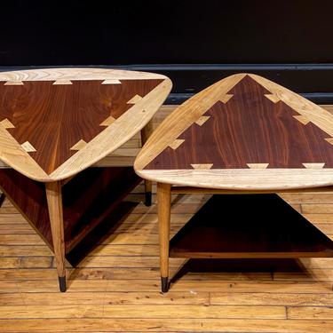 Restored Pair of Lane Acclaim Triangle Guitar Pick Tables Side Tables End Tables - Mid Century Modern Danish Style Walnut Coffee Table 