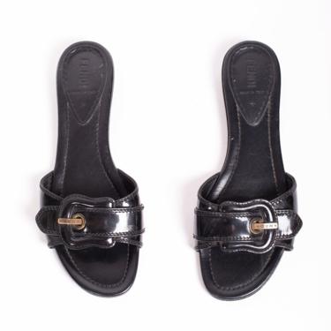 Vintage FENDI Black Patent Leather B Buckle Slides Logo Monogram Minimal Flats Mules sz 39 