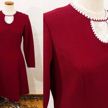 Vintage Burgundy Dress 1960s 60s Long Sleeve Maroon Scooter Lace Collar A-Line Red White Lampl Mod Medium Large XL 