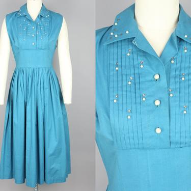 1950s Cotton Dress with Pearl &amp; Rhinestones Detail · Vintage 50s Bright Turquoise Dress · small / medium 
