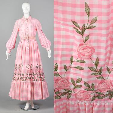 Medium Malcolm Starr Dress 1970s Pink Gingham Check Long Sleeve Maxi Floral Embroidery 