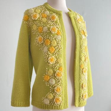Darling 1960's Embroidered Daisy Chain Knit Cardigan / Medium