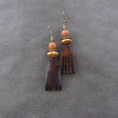 Carved bone comb earrings, afro pick earrings horn earrings, Afrocentric African earrings, bold statement earrings, orange wooden earrings 
